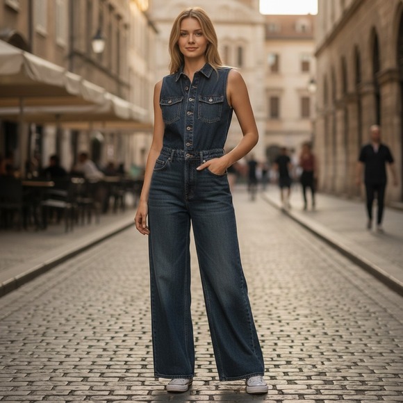 rag & bone Pants - Rag & Bone Jumpsuit Womens S Blue Sleeveless Wide Leg Button Down Denim